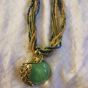 Green/Blue Shimmery Twisted Seed Bead Green Cord Necklace with Parrot Pendent